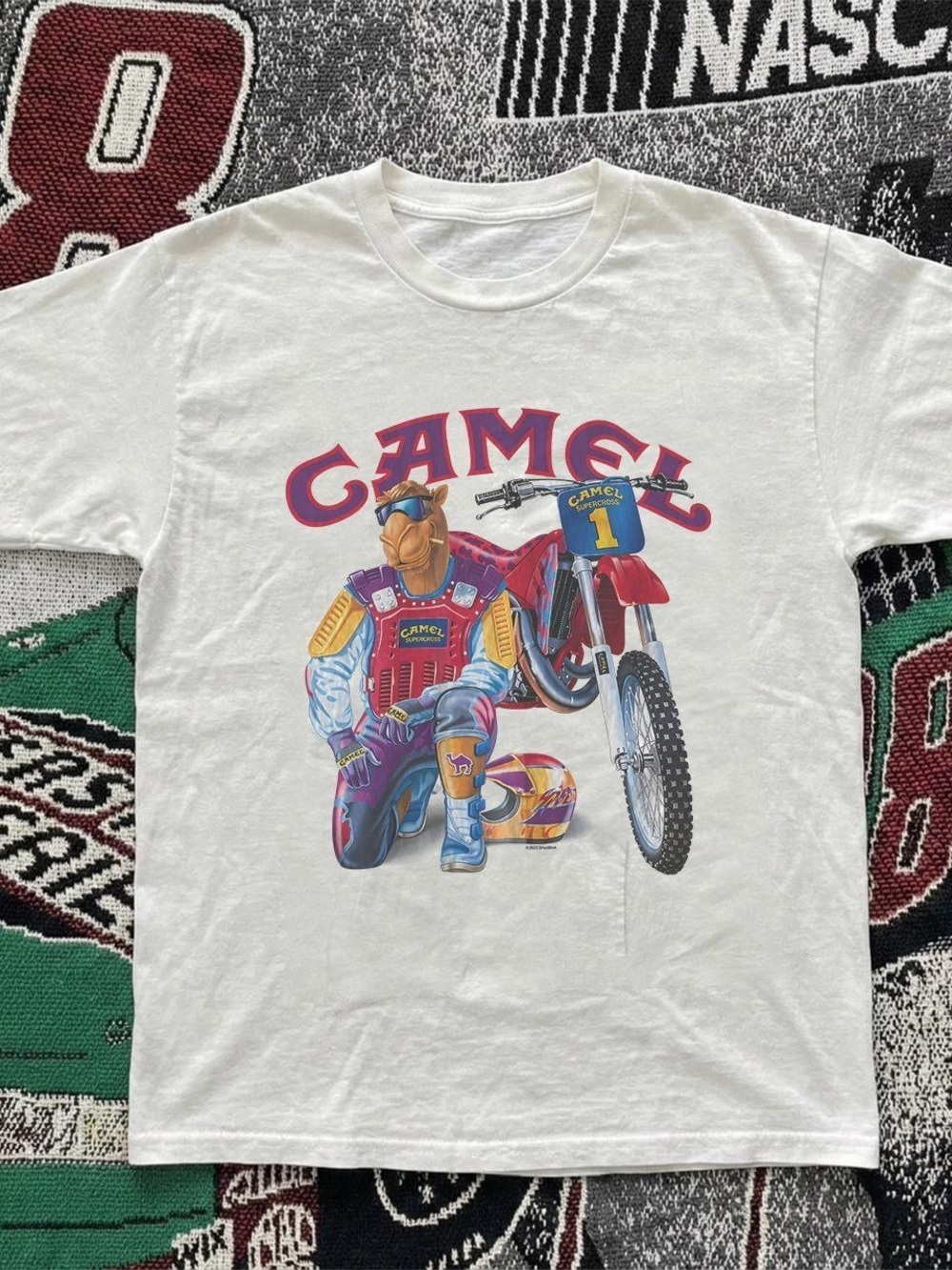 Gildan White T‑Shirt with Multicolor Camel Motocross Graphic